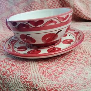 handpainted Red Cherry Majolica Italian Tea Cup & Saucer Demitasse
